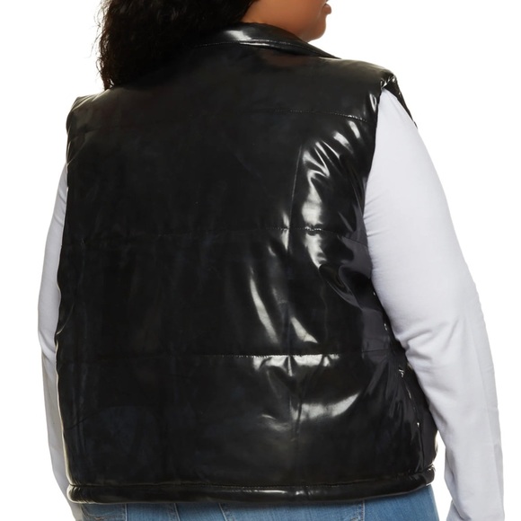 Plus Size Solid Black Faux Patent Leather Puffer Vest - Picture 2 of 2